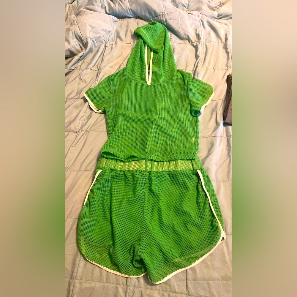 Green mesh hooded top and shorts set